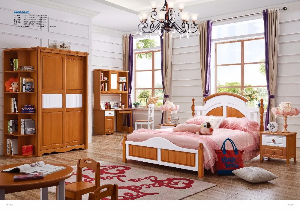 DS-802# All solidwood American nobility style solid wood children bedroom furniture set with bed sliding doors wardrobe desk