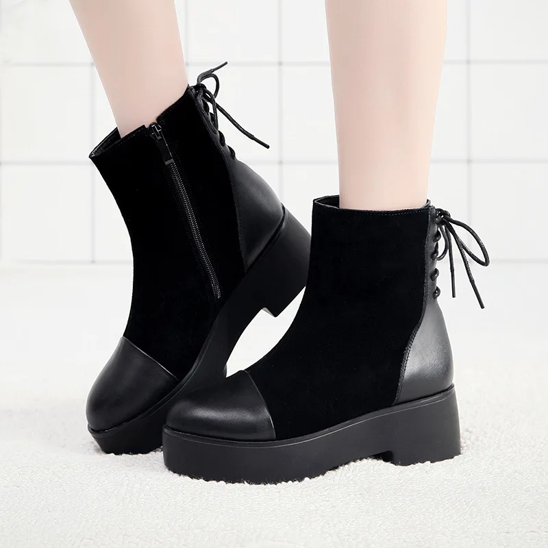

Size 33- 43 Black Short Boots Winter Ankle Boots For Women Wedge Heel Back Lace Up Fashion Boots