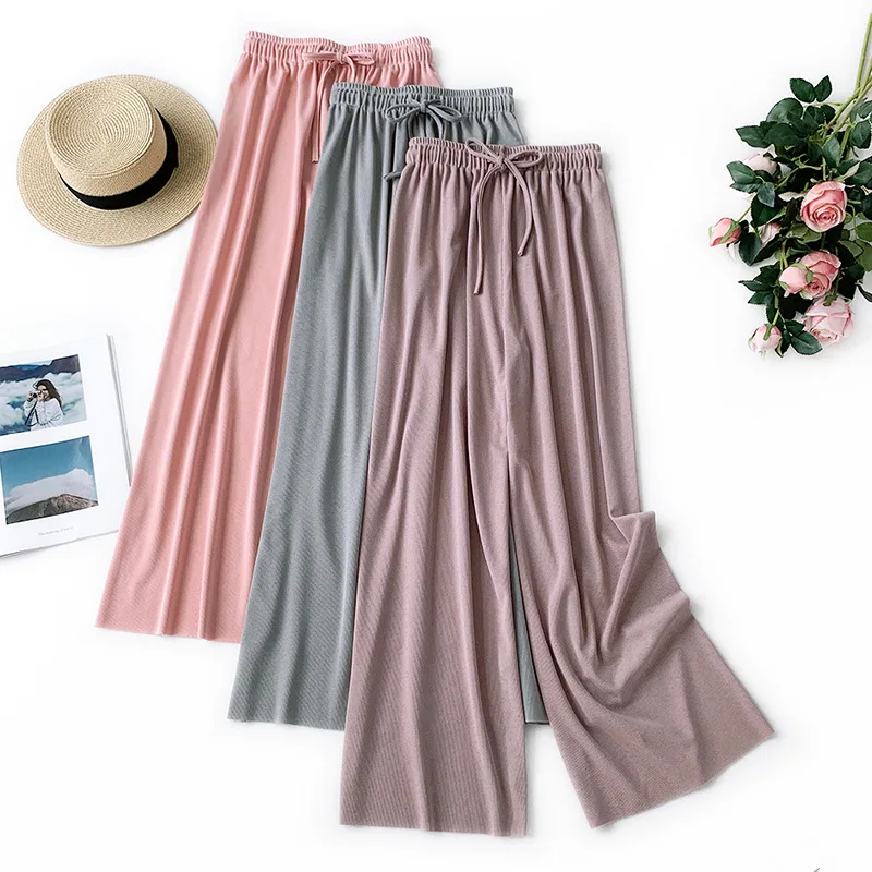 

Wasteheart Summer Women Fashion Pink Gray Long Loose Pants Straight Pants High Waist Full Female Pants Office Pants Knitting
