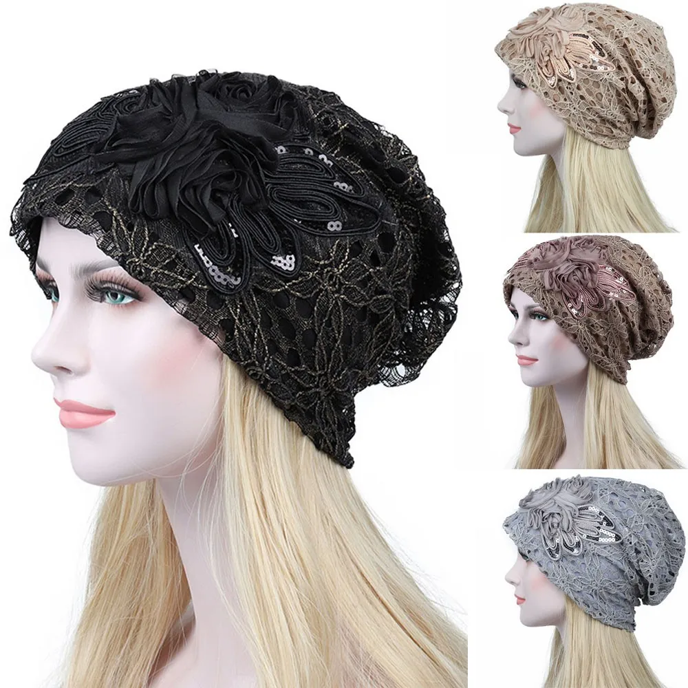 

Women Turban Hat Female Beanie Bonnet Women's Lace Flower Sequin Butterfly Hat Chemo Beanies Double Layers Mesh Cap Gorros #O