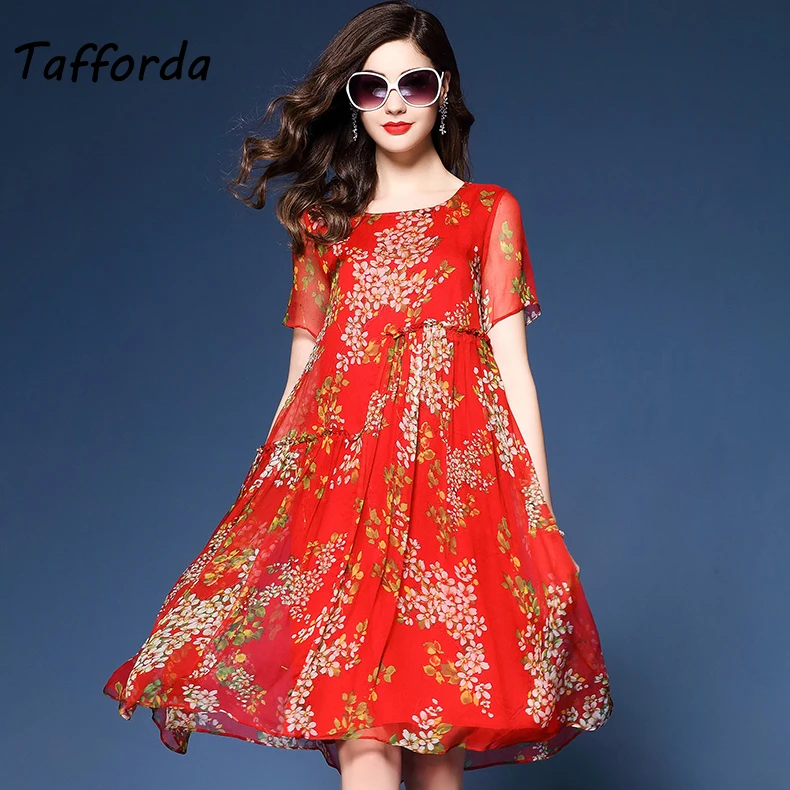 Tafforda 2018 جديد الصيف عالية الجودة المرأة الحرير اللباس M-3XL مطبوعة أنيقة الرجعية قصيرة الأكمام الأزياء عارضة الحرير اللباس الإناث
