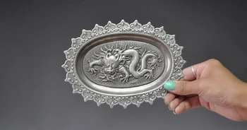

17cm Collect Decorate Tibet Silver Carved China Zodiac dragon statue Plate disk