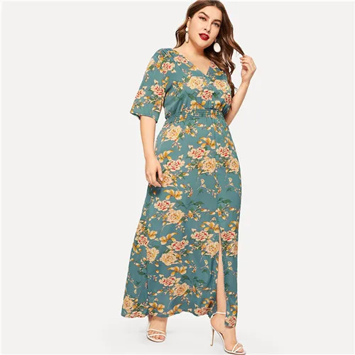 Dotfashion Plus Size Green Floral Print Split Dress Women 2019 Boho ...