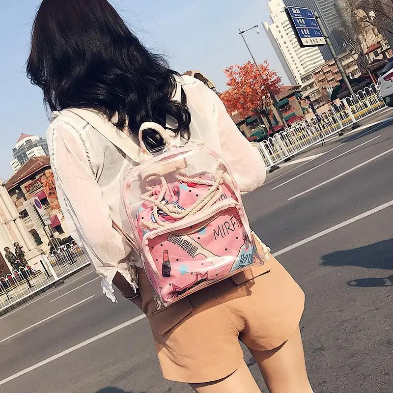 

Cute Clear Mini Backpack Women Female Backpack Transparent Small School Bag For Girls Teenagers 2 IN 1 Zipper and Drawstring Bag