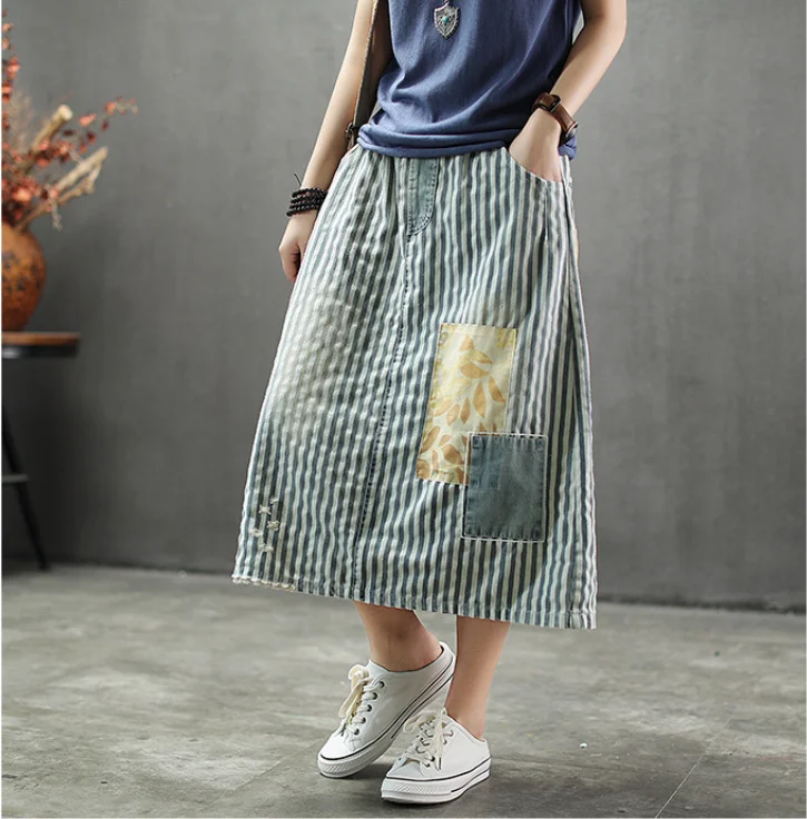 

Summer Skirt Retro Women Elastic Waist Loose Denim Skirt New Ladies Patchwork pocket Striped Vintage Casual Denim Skirt 2019