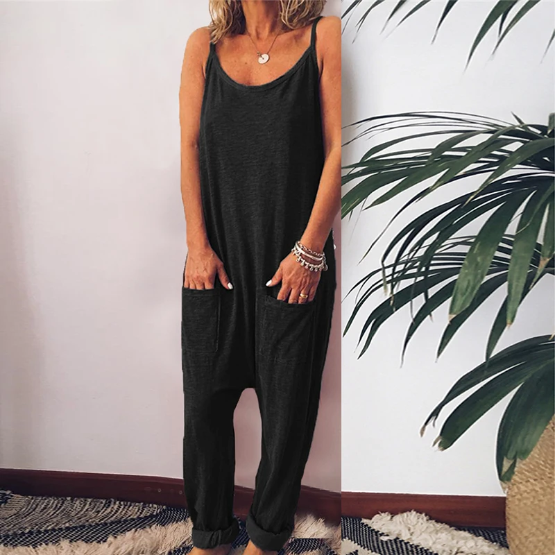 2019 New Fashion Women Jumpsuit Women's Casual Loose Strappy Bib Overalls Woman Summer Backless Pocket Trousers Rompers Playsuit