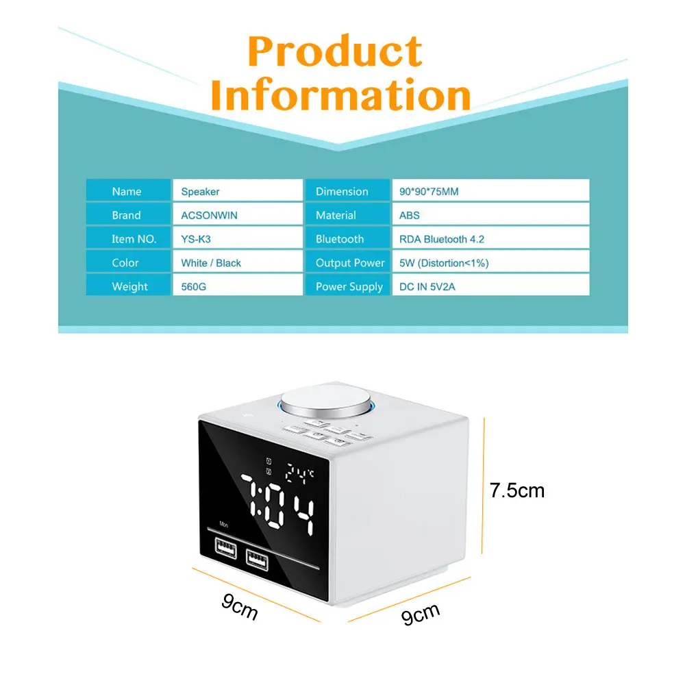 1 комплект Bluetooth изменение цвета будильник fm-радио с usb зарядка и Громкая связь(черный/белый