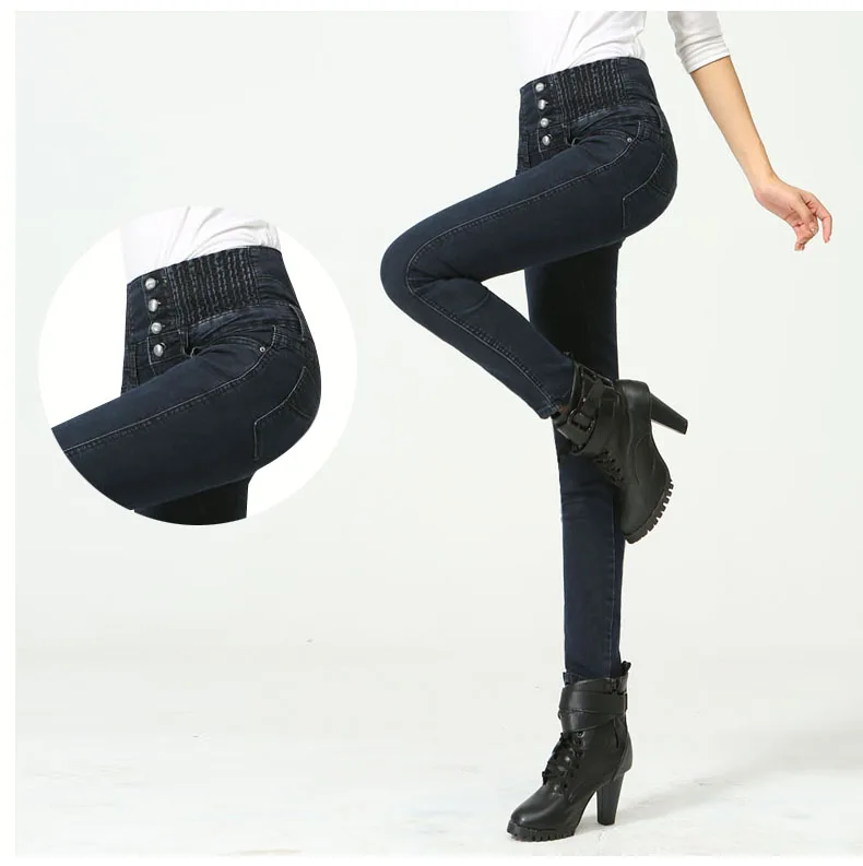 Ряд Кнопка джинсы для женщин для Высокая талия эластичные узкие джинсовые длинные женские брюки карандаш Camisa Feminina леди жира мотобрюки