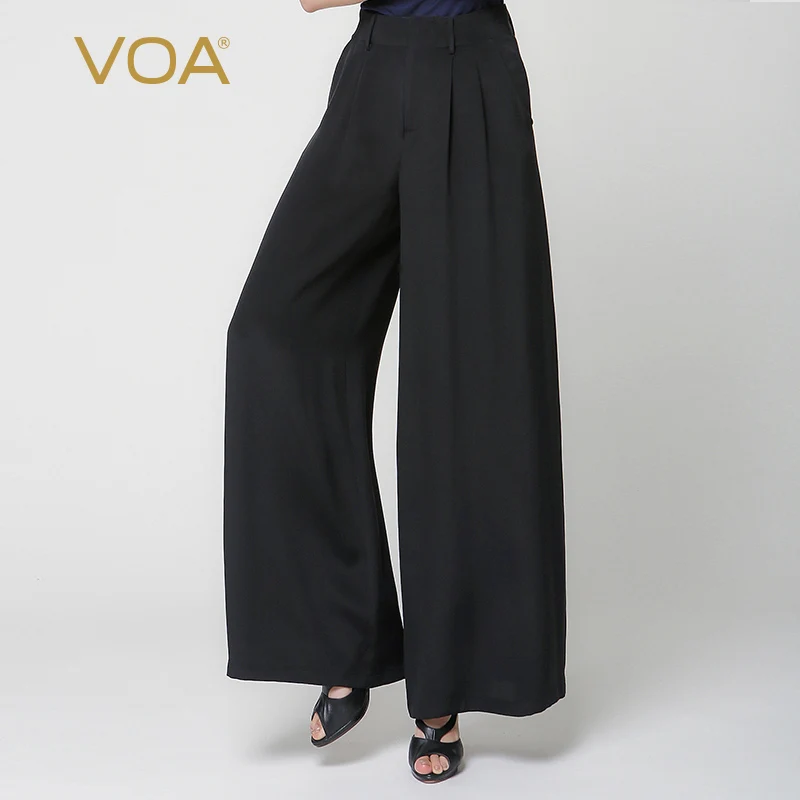 

VOA 2018 Autumn Fashion Temperament Pure Black Heavy Silk Trouser Plus Size Mid Waist Loose Casual Thick Wide Leg Pants K6891