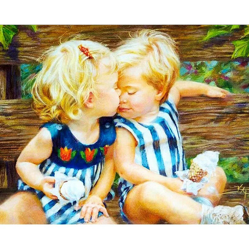 

Frameless Blond Kids Kiss Landscape DIY Painting By Numbers Kit Paint On Canvas Painting Calligraphy For Home Decor