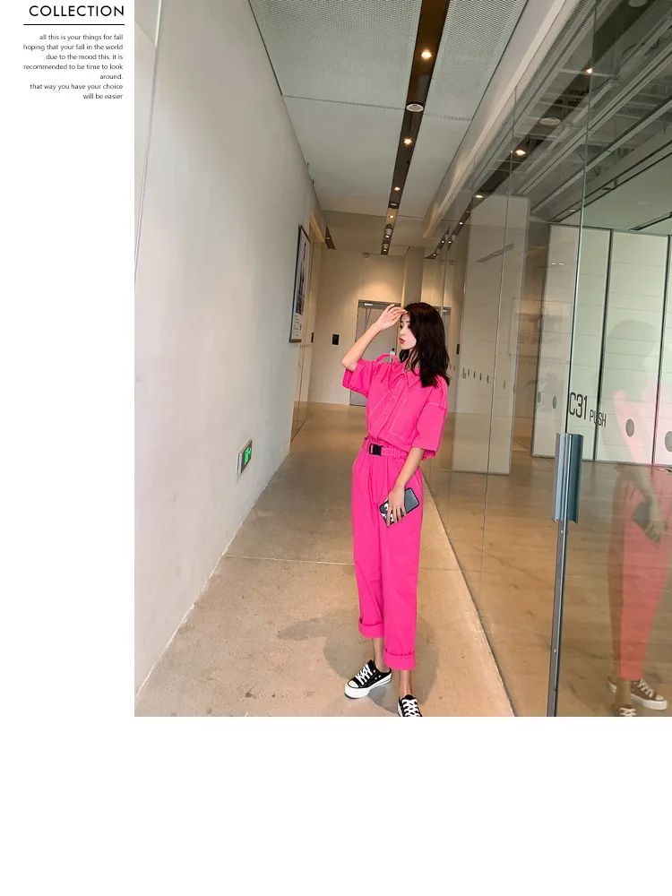 Женские корейские одноцветные Свободные повседневные Прямые шаровары комбинезон женский уличная одежда в стиле хип-хоп комбинезоны Harajuku брюки с поясом