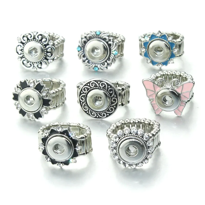 

Vintage Crystal DIY Elastic Adjustable Snaps Ring Fit 12mm Metal Snap Buttons Women's Fashion Jewelry Men's Ring 8128