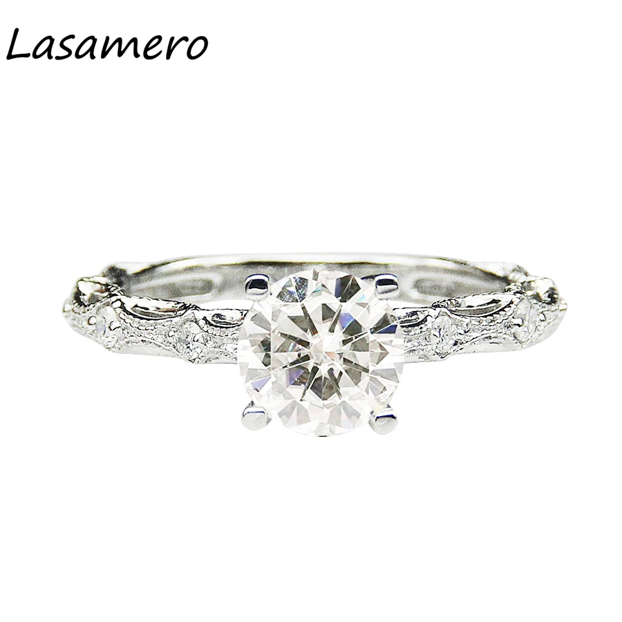 

LASAMERO 1CT Round Cut Simulated Diamond Engagement Ring 925 Sterling Silver Romantic Art Deco Accents Promise Wedding Ring