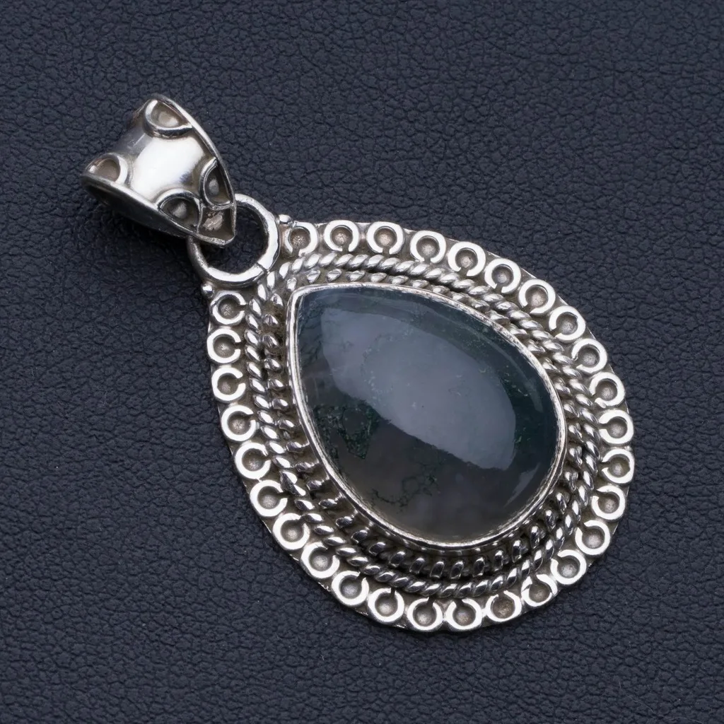 

Natural Moss Agate Punk Style 925 Sterling Silver Pendant 1 1/2" P0656