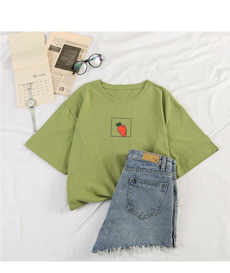 Новая Корейская милая зеленая футболка с принтом морковки, авокадо, короткий рукав, женская летняя маленькая Свежая футболка, Harajuku, женская футболка