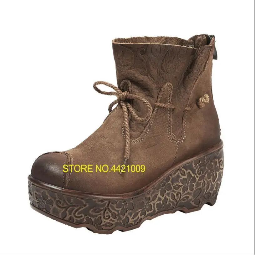 

2018 Winter Shoes Woman Genuine Leather Shoes High Heel Boots Retro Flower Ankle Women Boots Platform Wedge Boots