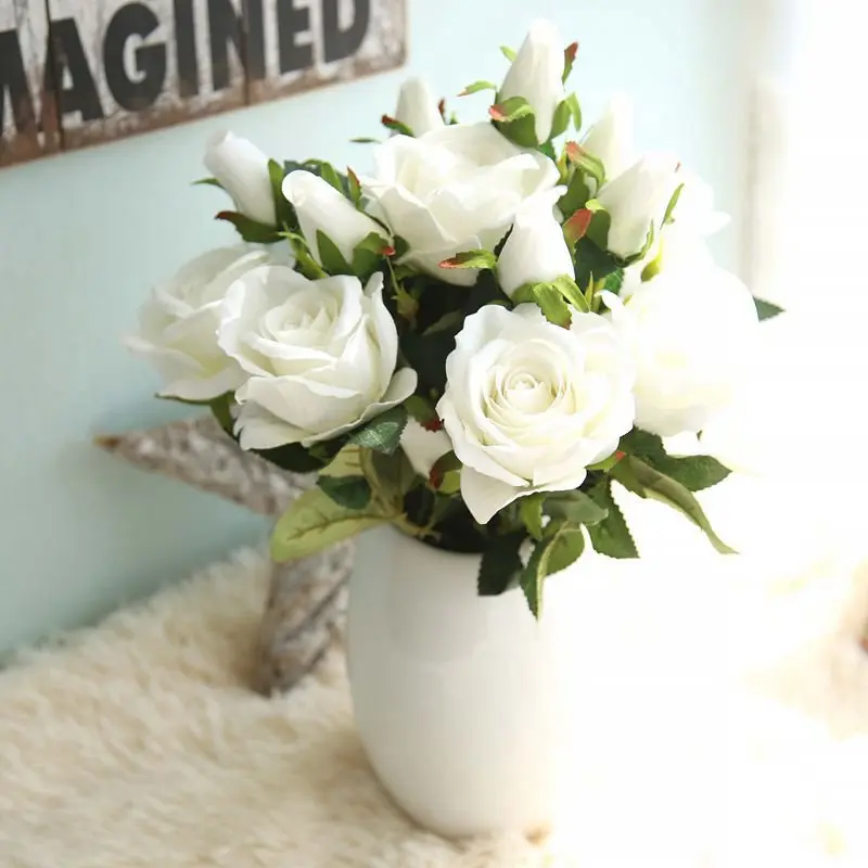 

3heads silk roses Bride bouquet Wedding christmas decoration for home ornamental flowerpot artificial flowers scrapbooking 10pcs