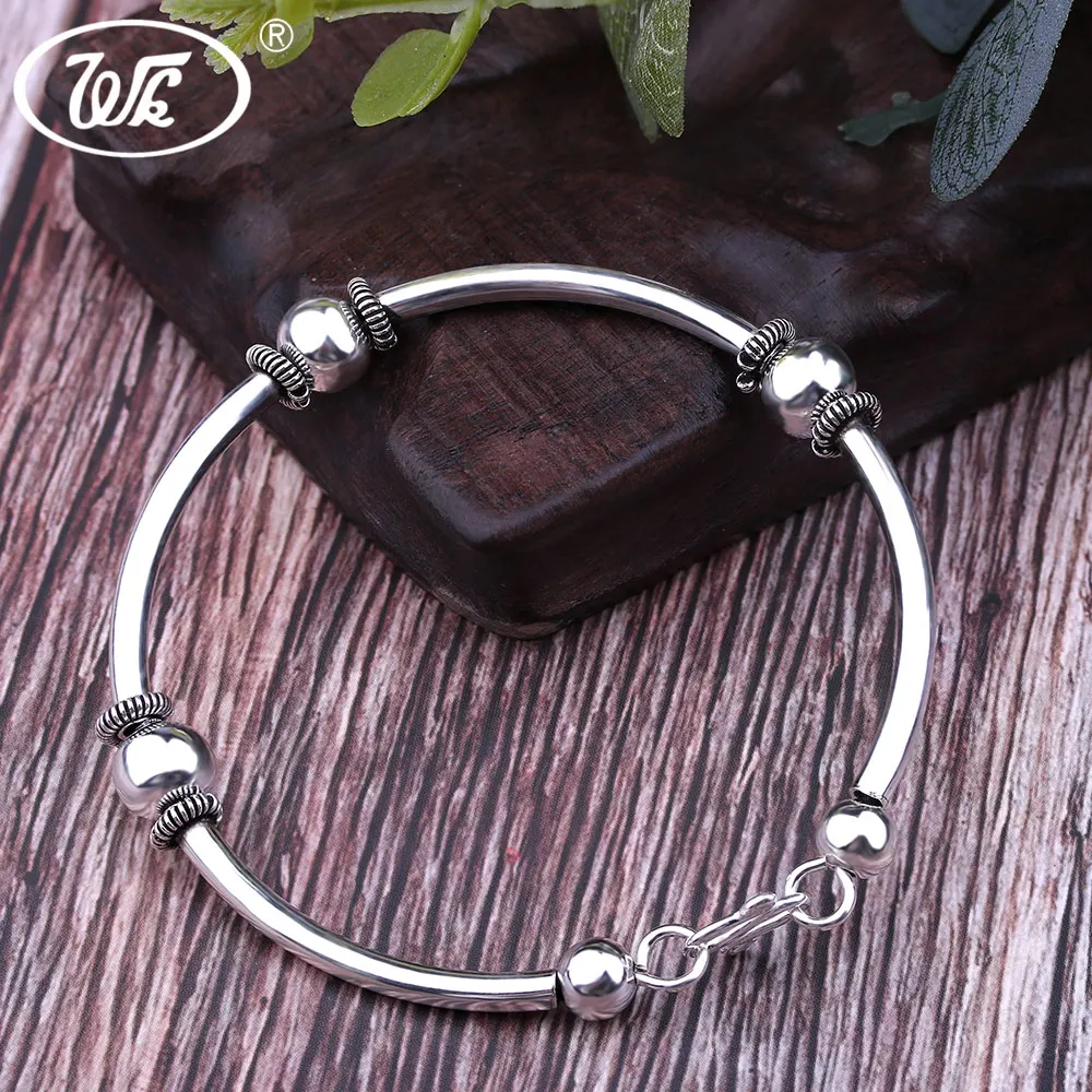 

WK High Polished Smooth Band 925 Silver Bangle Women Girls Ball Beads Design Simple Brief Bracelets Bangles Jewellery W3 BB001