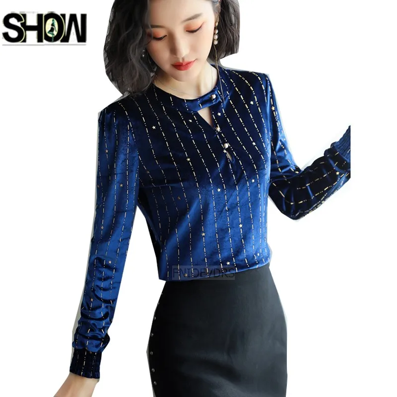 

Basic Tshirts New Hot Sales Women Fashion Long Sleeve Tops Slim Elegant Office Lady Work Blue Striped Glitter Top T Shirt 3211