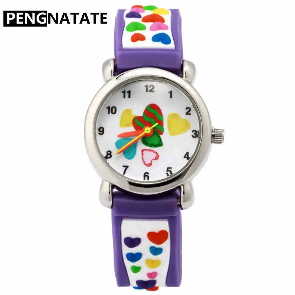 

PENGNATATE Girls Watch Fashion 3D Heart Strap Children Cartoon Watches Lovely Students Kids Gift Silicone Bracelet Wristwatches