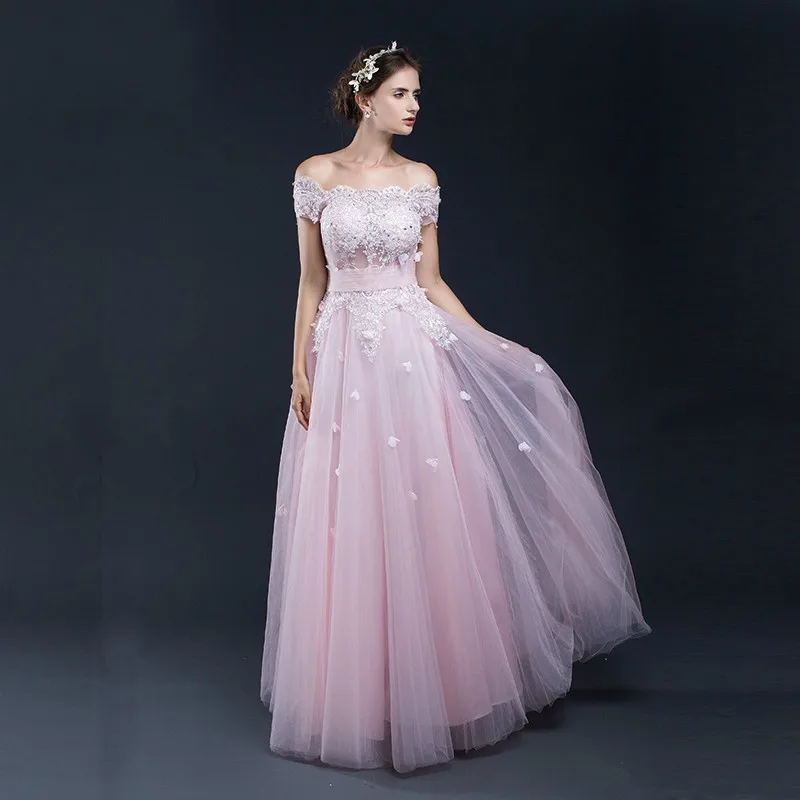 

Real Photos Pink A-line Tulle With Pink Lace Evening Dresses Long Formal Women Party Gown Sexy Prom Dress Gala Dresses Elegant