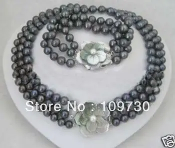 

Jewelry 00366 Noblest 3 row 7-8MM black pearl necklace bracelet set new