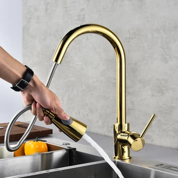 

New Design Golden Kitchen Faucets Silver Single Handle Pull Out Kitchen Tap Single Hole Handle Swivel 360 Degree Water Mixer Tap