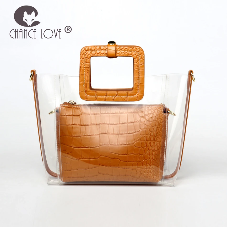 

Chance Love women Transparent bag 2018 new Genuine leather handbag Crocodile pattern complex Messenger Bags female