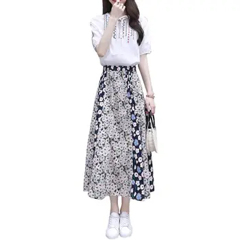 

New Women'S Summer Wear Long Embroidery Two-Piece Short Sleeve Top Blouse & Print Skirt Flower Skirts Suit Leisure Outfit Casual