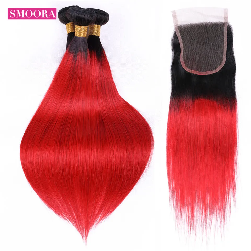1B/Red Ombre Brazilian Straight Hair 3 Bundles With Lace Closure Human Hair Weave Bundle with Closure Ombre Dark Roots Non Remy