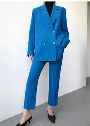 Высокое качество элегантные длинные брюки костюмы Для женщин деловой костюм королевский синий