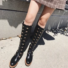 Teahoo/ зимние рыцарские сапоги до колена на шнуровке; женские мотоциклетные сапоги из натуральной кожи с круглым носком и золотой пряжкой; женская обувь