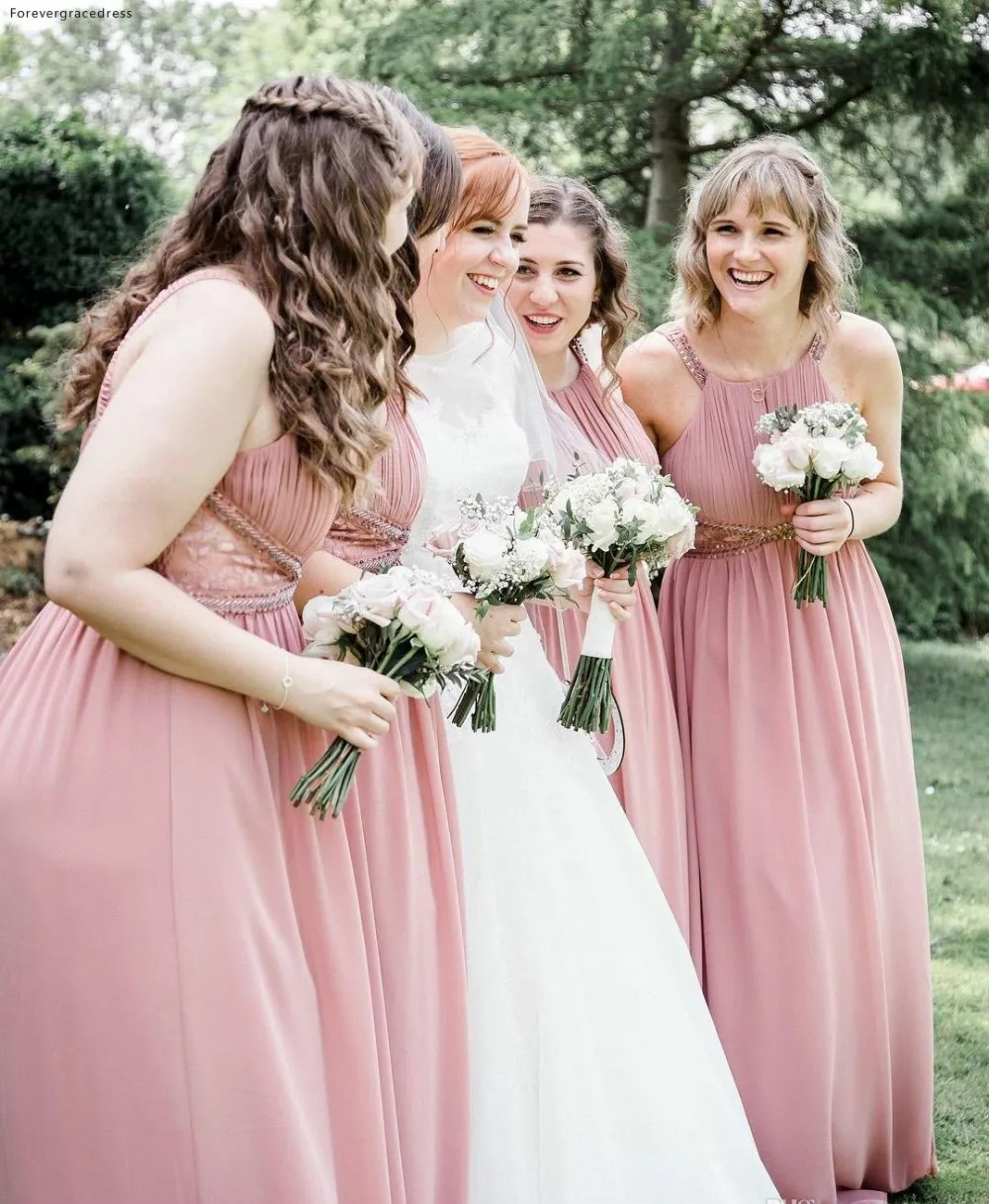 Plus Size Western Garden Weddings Bridesmaids Dresses Halter Neck Pleats Chiffon Long Maid of Honor Gowns BM0379  93 (1)