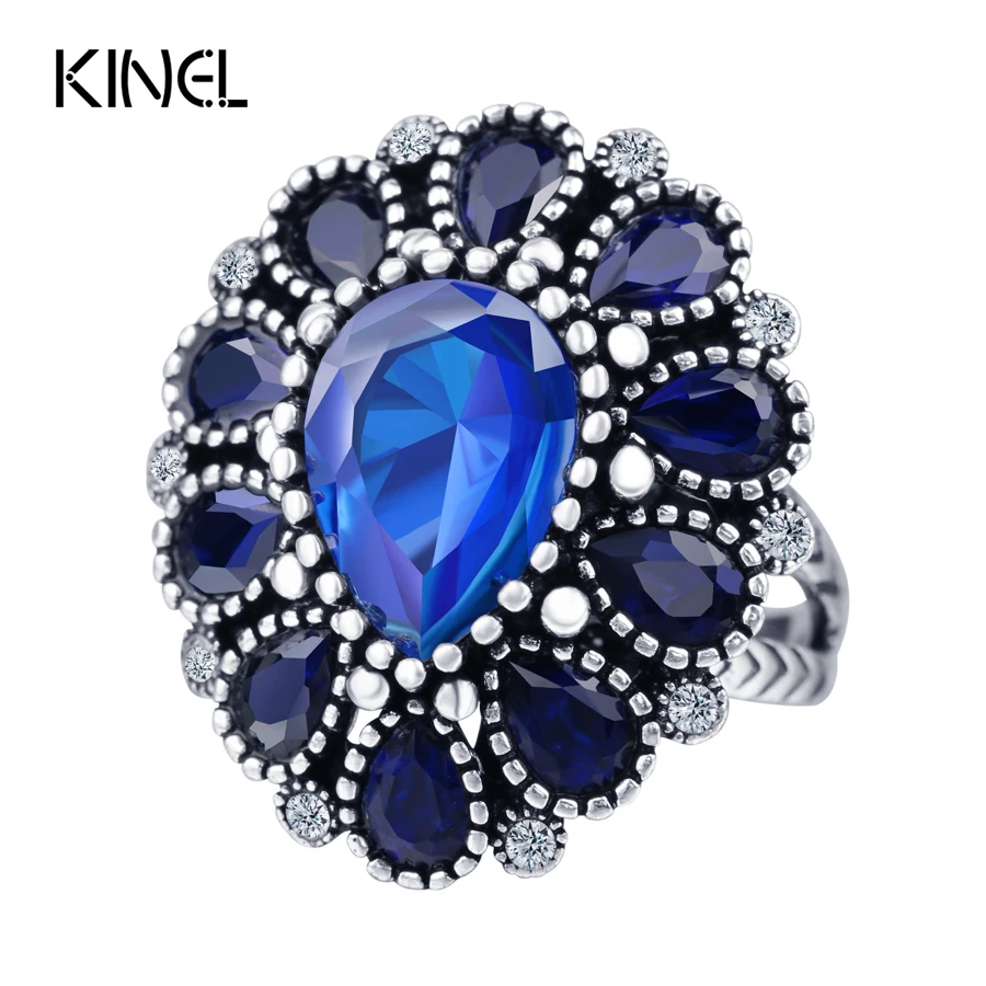 

Fashion Blue Crystal Flower Rings For Women Color Silver Vintage Big Wedding Ring Bohemia Jewelry