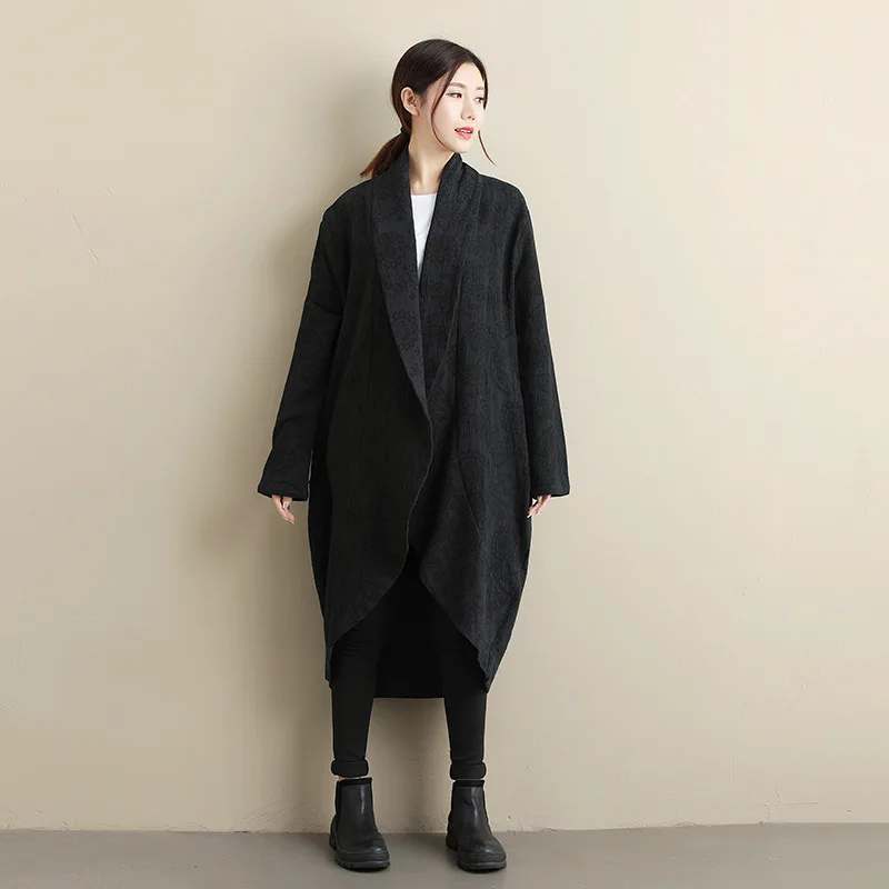 

2019 female new spring plus size jacquard retro outerwear loose literary trench casual stand collar cardigan