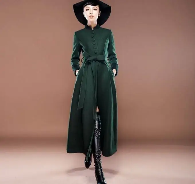 

Newest Autumn Winter Vintage Elegant Slim Woolen Coat Women Mandarin Collar Single Breasted Extra long Trench Coat with Belt