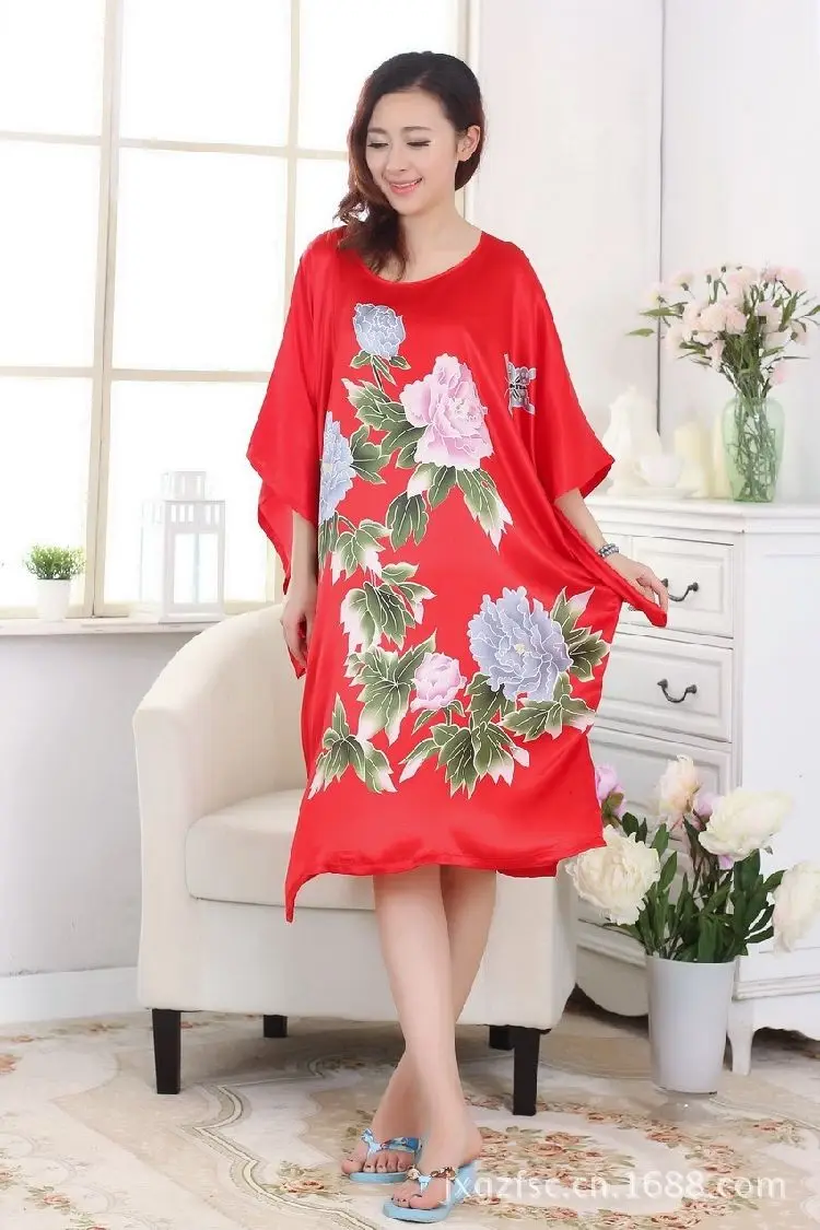 Женское ночное белье, халат летучая мышь, длинная Пижама, ночное платье, Восточный кафтан, ночное белье, платье с принтом пиона, ночное платье, женское кимоно - Цвет: Red