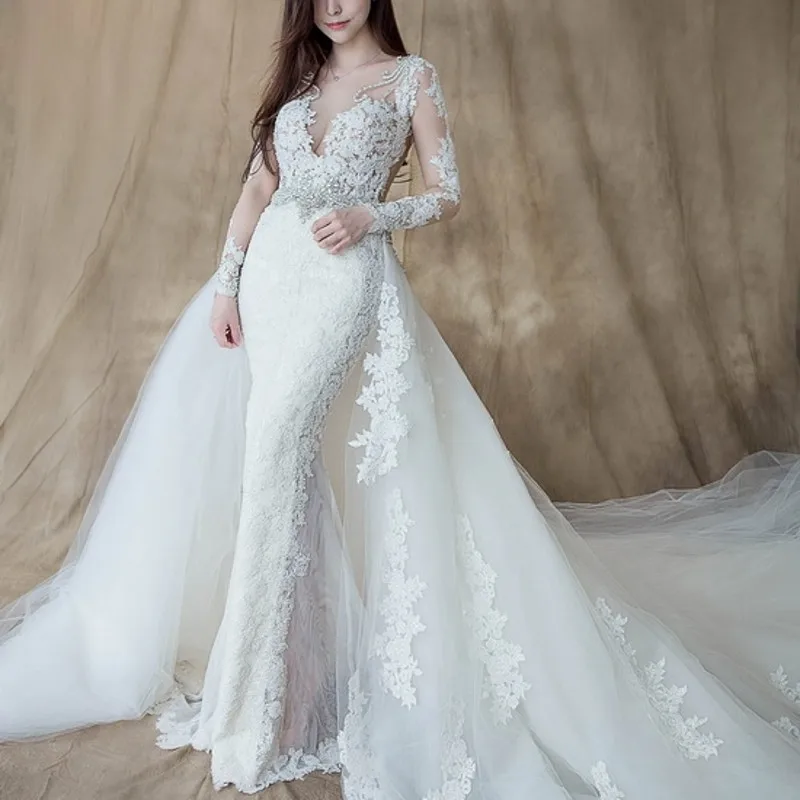 Robe de mariee романтическое длинное свадебное платье свадебные платья vestidos de noiva Casamento Длинные рукава свадебное платье со съемным шлейфом