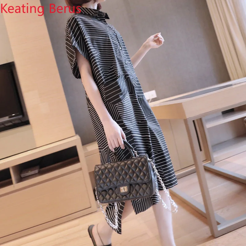 Summer Blouse Korean Fashion Long Striped Short-sleeved Loose Large Size Shirt Chiffon Shirt Women