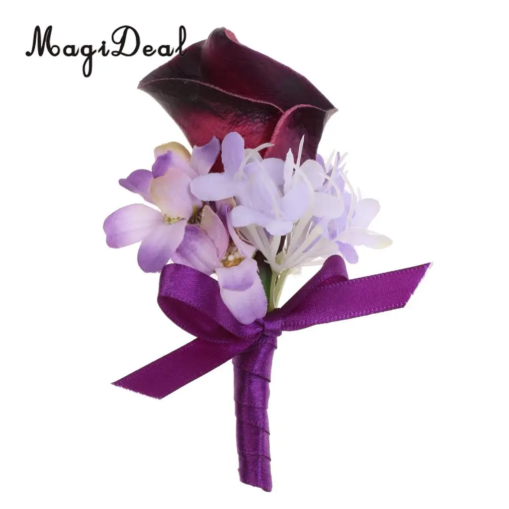 MagiDeal Handmade Fabric Calla Boutonniere Corsage Flower for Bride Groom Wedding Formal Party Accessory Pink/Purple 14 x 9 x4cm
