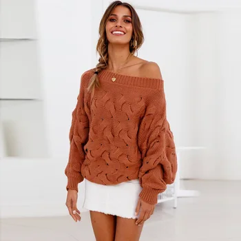 

Off Shoulder Twist Knitted Sweater Women Pink Gray Loose Thick Pullovers Winter Fashion Girls Tops Sueter Mujer Slash Neck