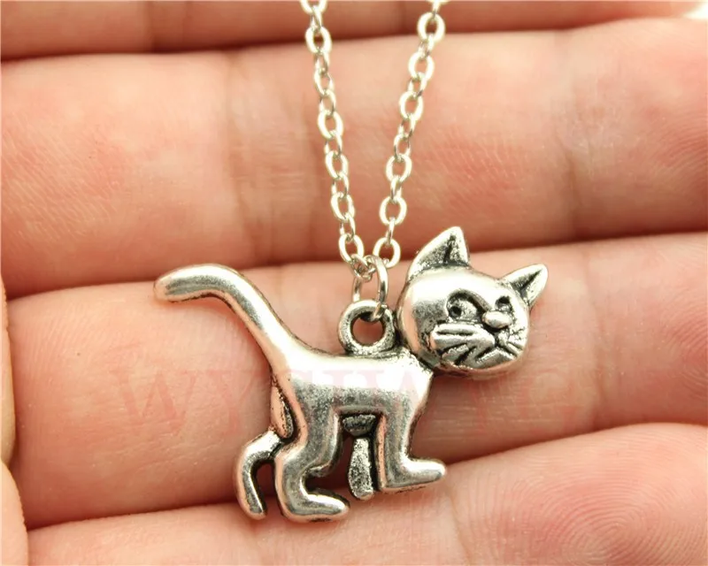 WYSIWYG  simple vintage antique silver, antique bronze color cute cat pendant necklace