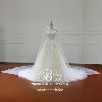 شراءBeautybridal Vestidos دي Noiva ألف خط فاخر الزفاف فستان بأكمام طويلة فساتين الزفاف تول يزين الوهم الشاطئ XF17056