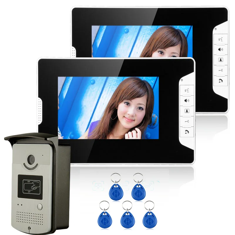 FREE SHIPPING New Wired 7 inch Color Video Door Phone Doorbell Intercom System 1 RFID Access Camera + 2 White Monitor In Stock