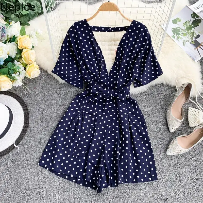 

Neploe Polka Dot Jumpsuit for Women 2019 V-Neck Short Sleeve Playsuits Retro Backless Drawstring Slim Waist Beach Bodysuit 43593