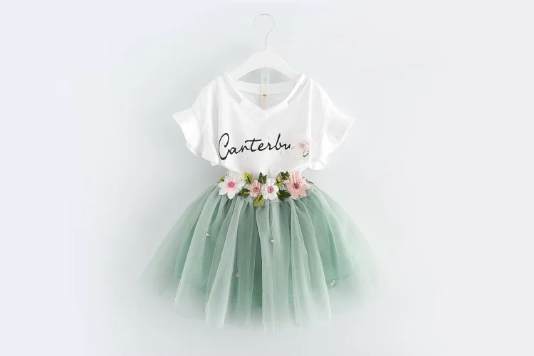 Baby Girls Unicorn Birthday floral dress summer beach kids Clothing set Skirt Tshirt Pink Olive Mesh Lace tutu Cloth kid Party  (21)
