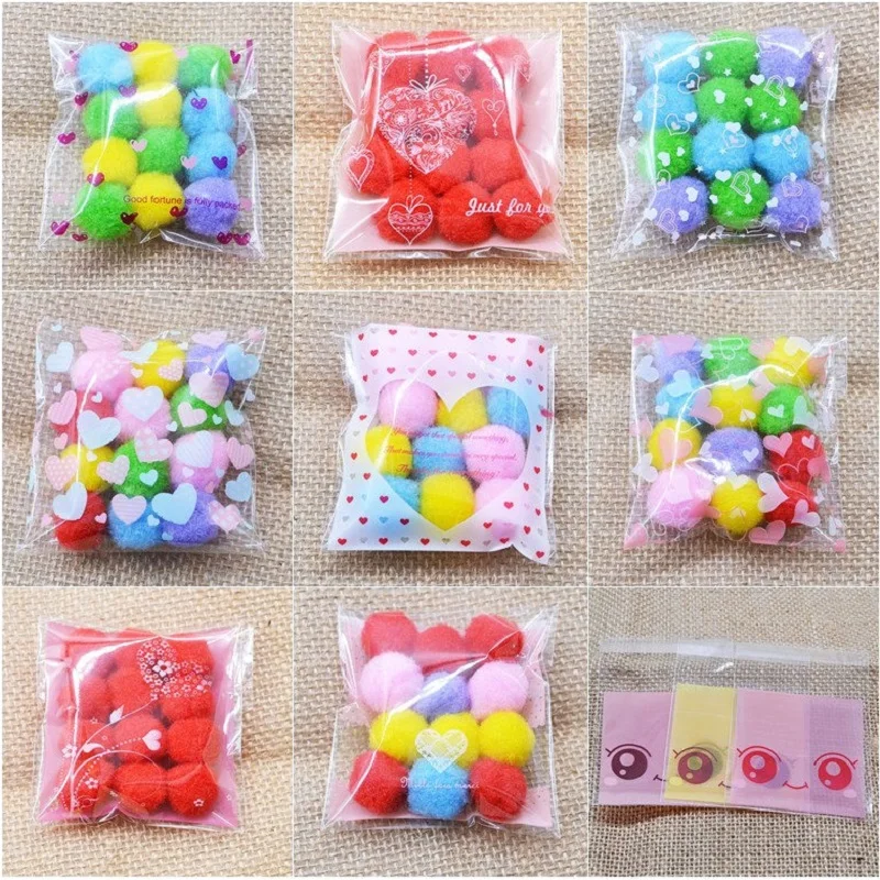 100Pcs 7x7cm Cute Love Heart Print Candy Gift Bags for Wedding Birthday Party Cookies Buscuit Packing Bag Christmas Plastic Bags