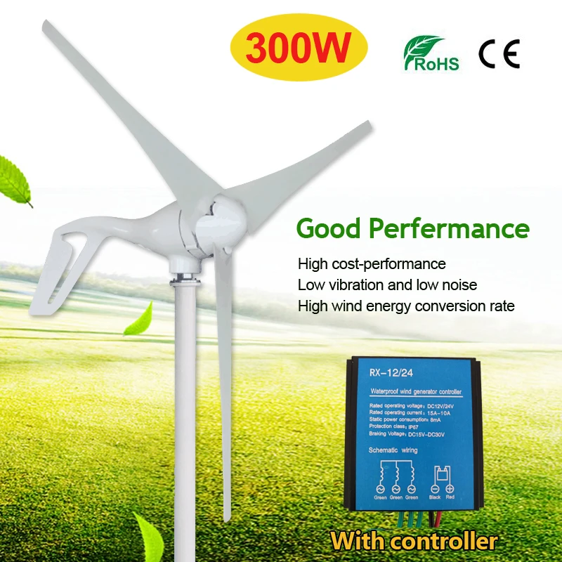 

300W 12V 24 Volt 3 Nylon Fiber Blade Red Horizontal Home Wind Turbines Power Generator Windmill Energy Turbines With Controller