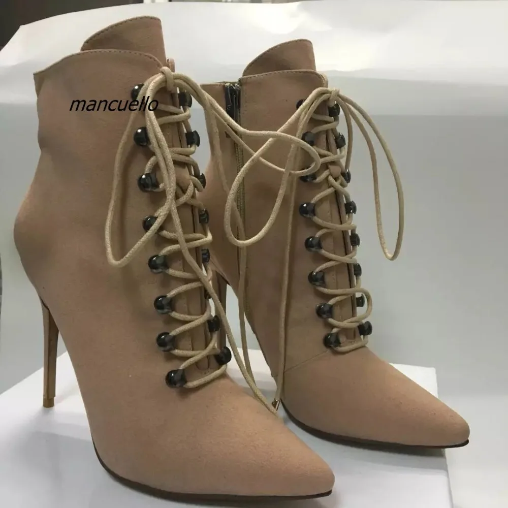 Fancy Beige PU Leather Cross Strap Thin Heel Ankle Boots Women Sexy Pointy Stiletto Heel Lace Up Short Boots Pretty Shoes