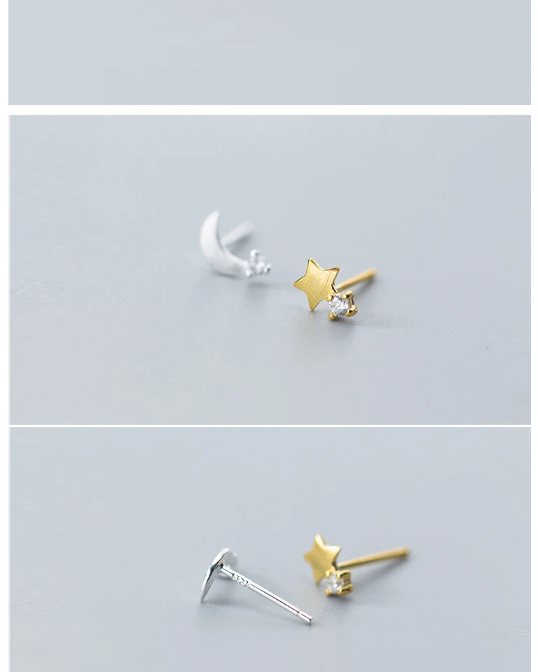 Asymmetrical Star Moon Minimalist Earrings Sterling Silver For Women Kids Korean Earrings Boucle D'oreille Enfant En Argent 925 (7)
